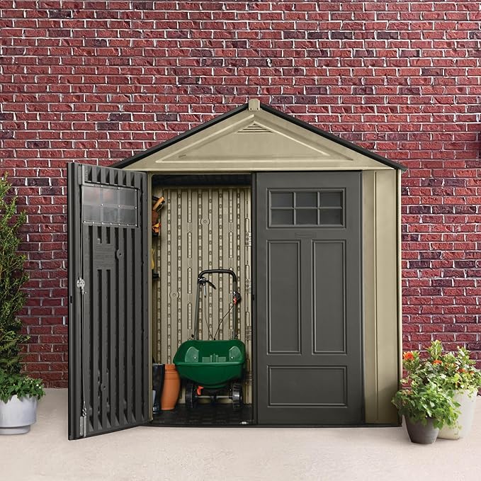 Rubbermaid Resin Outdoor Storage Shed With Floor (7 x 3.5 Ft) Weather Resistant, Brown Gable, Organization for Home/Backyard/Garden Tools/Lawn Mower/Bike Storage/Pool Supplies Rubbermaid