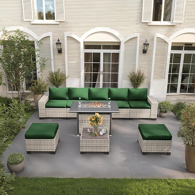 9-Piece Outdoor Patio Furniture Set with 55,000 BTU Fire Pit Table, PE Wicker Rattan Sectional Sofa Patio Conversation Set with Ottomans & Coffee Table, Green MuphyersPatioFurniture