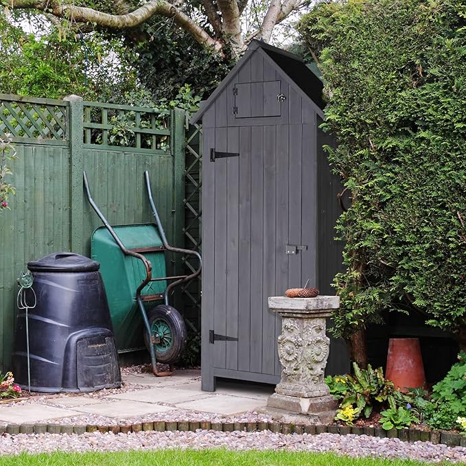 Outvita 70in Outdoor Storage Shed, Waterproof Wooden Garden Storage Cabinet with Lockable Door, Grey Outvita
