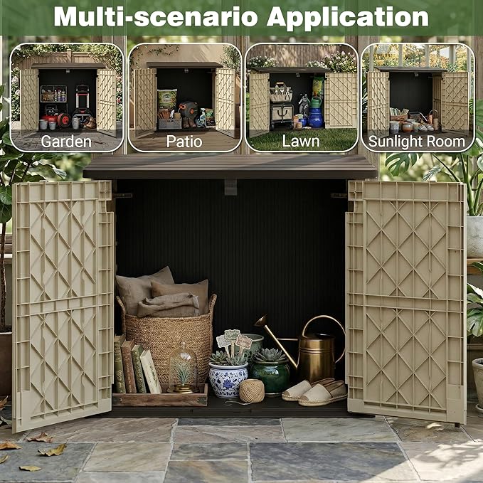 LHBcraft Waterproof Outdoor Storage Box 36 Cu Ft with Lockable Doors, Portable Horizontal Resin Storage Shed, Easy to Assemble, Outdoor Storage Cabinet for Backyards, Brown-Beige LHBcraft