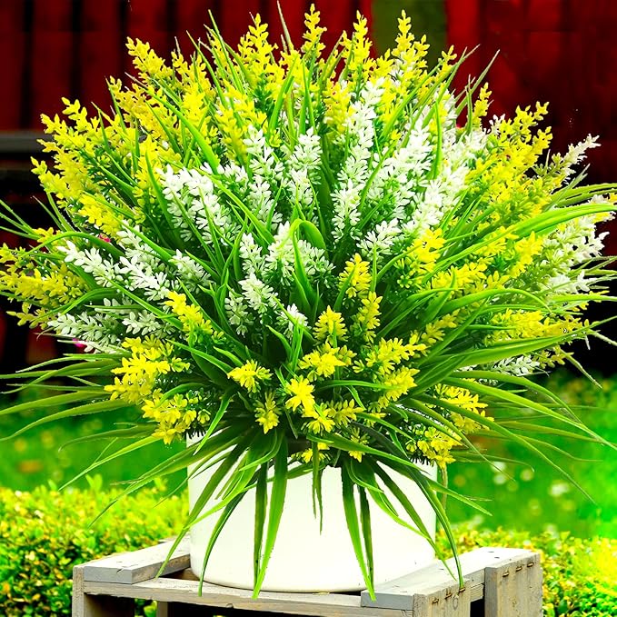 Artificial Plants Outdoor, 20 Pcs Fake Flowers UV Resistant Outdoor Fake Plants, Lavender Artificial Flowers Plastic Fake Faux Flowers Shrubs for Home Porch Garden Yard Window Box (Yellow White) TSTWETO