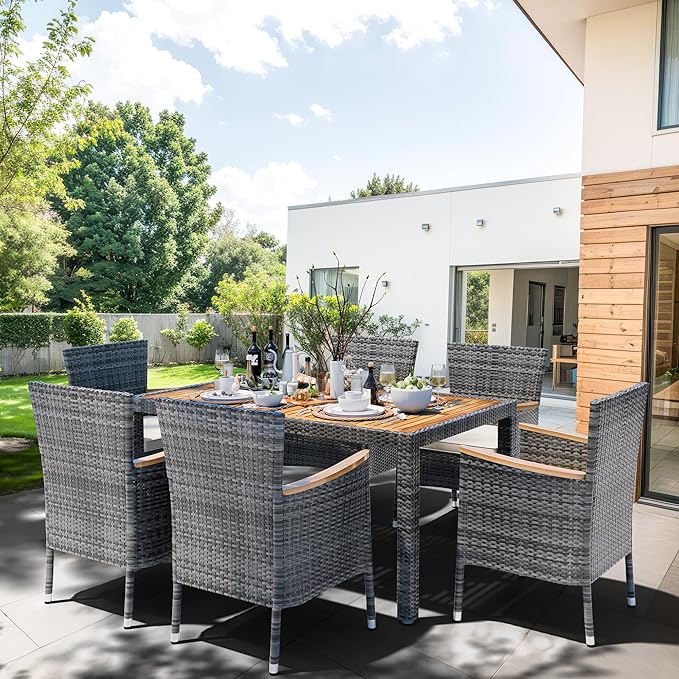 Shintenchi 7 Piece Patio Dining Set, Wicker Patio Conversation Set with Wooden Table Top, Outdoor Table and Chairs with Soft Cushions for Backyard, Deck and Garden, Grey Wicker Shintenchi