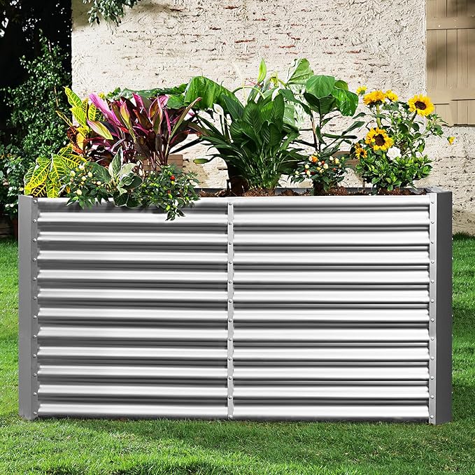 Land Guard 8x4x3ft Rectangular Galvanized Raised Garden Beds, Large-Capacity Metal Planter Box Outdoor, Durable Deep Raised Garden Bed 3ft Tall, Raised Beds for Gardening Vegetables, Classic Silver LandGuard