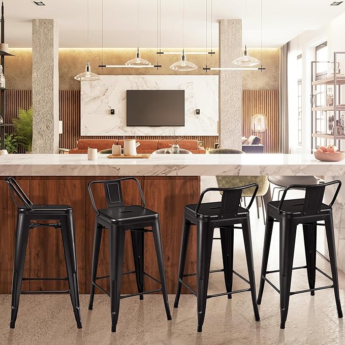 Yaheetech Bar Stools Set of 4, Metal Counter Height Chairs, 26 Inch Industrial Kitchen Stools with Backrest and Footrest for Indoor/Outdoor, Matte Black Yaheetech