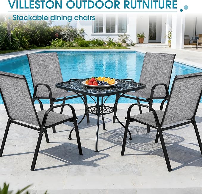 Outdoor Stackable Chairs Set of 4, Stacking Patio Chairs with Textilene Fabric, Outside Furniture for Garden Backyard Balconie Poolside Deck, Grey Villeston