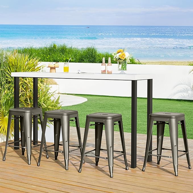 Yaheetech 24 Inch Metal Barstools Set of 4, Counter Height Backless Stools, Industrial Stackable Bar Chairs with Footrest for Kitchen/Dining Room/Bistro/Patio, Metal Yaheetech