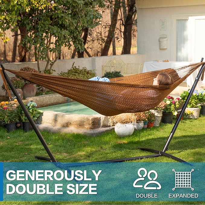 PNAEUT Double Hammocks with Stand for Outside, Portable Space Saving Heavy-Duty Steel Stand for Indoor Outdoor Patio (Mayan Desert) PNAEUT