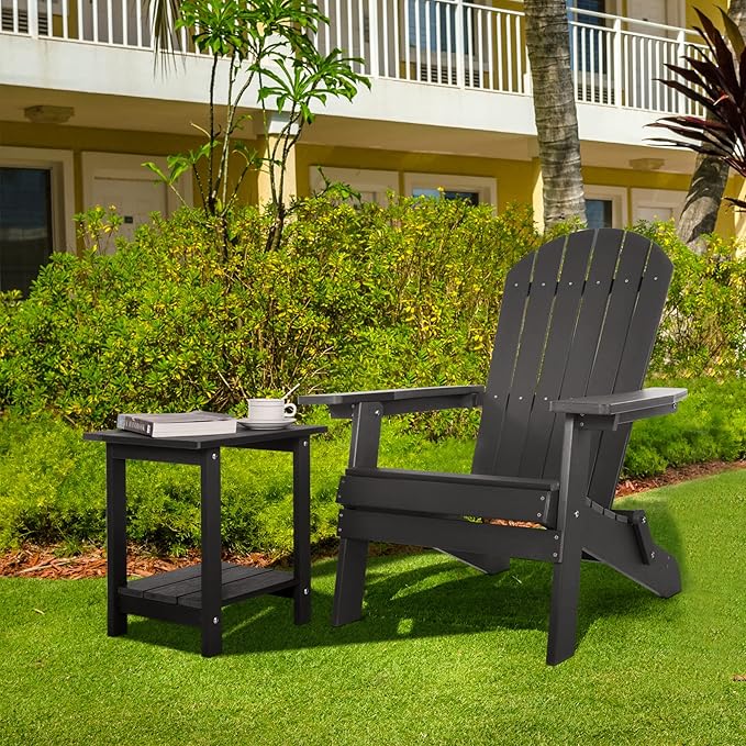 Double Adirondack Side Table Weather Resistant, Outdoor Rectangular End Table for Adirondack Chair, Black with Wood Grain Meluvici