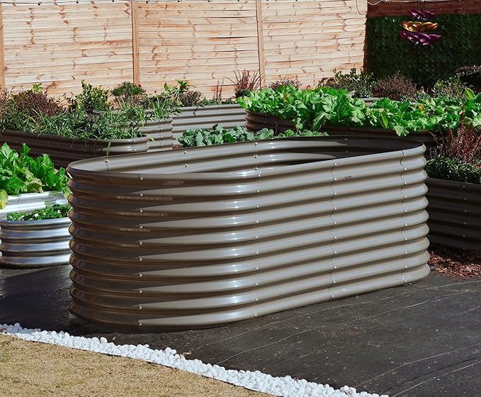 A ANLEOLIFE Set of 6, 30 Inch Extra Tall Galvanized Raised Garden Beds Kit, Large Oval & Round Metal Planters – Ideal for Backyard Vegetables Flowers Herbs, Quartz Grey AAnleolife