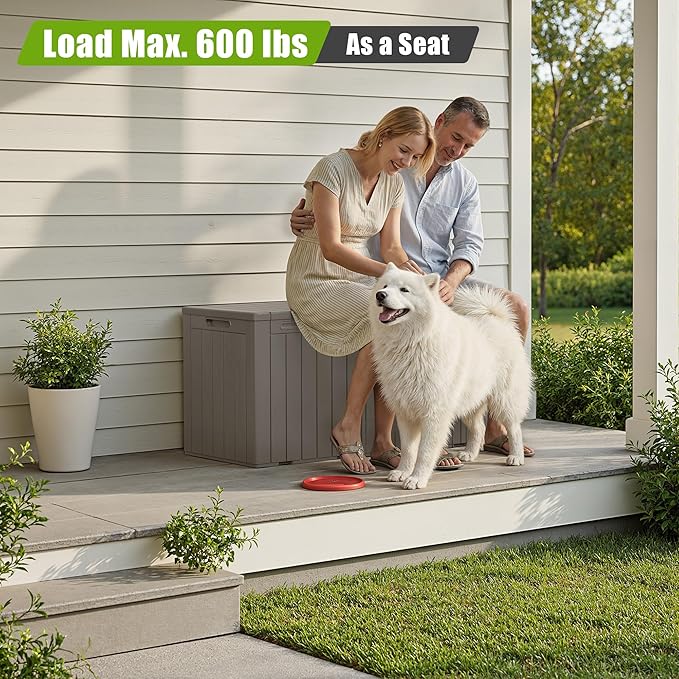 Flamaker Resin Deck Box 100 Gallon Large Lockable Outdoor Storage Box Waterproof for Patio Cushions, Tools, Pool Accessories (Light Brown) Flamaker