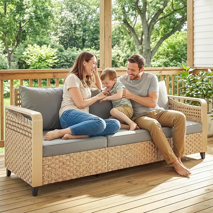Outsunny Outdoor Patio Couch with Wide and Deep Seat, 3 Seater Wicker Outdoor Sofa with Wide Metal Armrests, Patio Furniture Couch with Cushions for Porch, Garden, Backyard, Gray | Removable Covers Outsunny