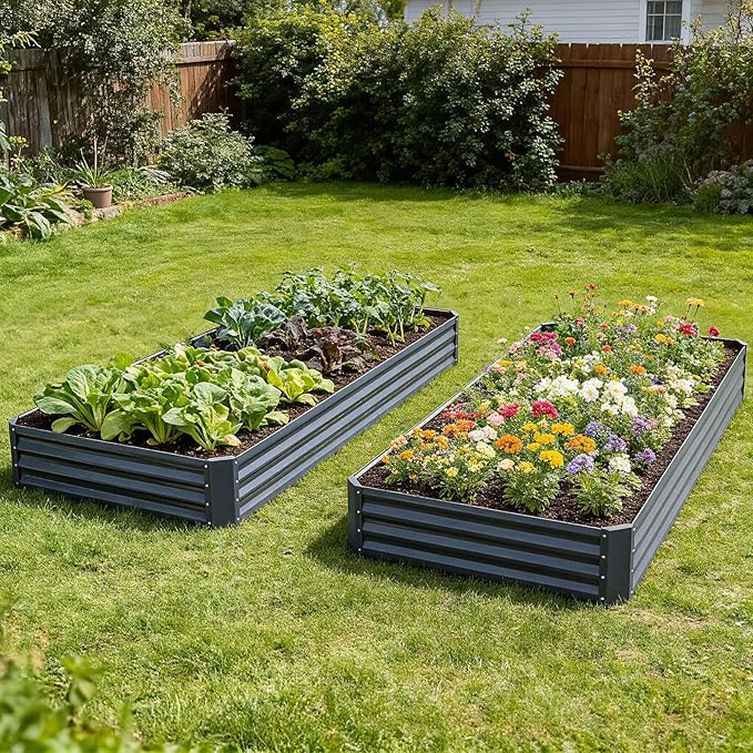INNO STAGE 2 Pcs 8×4×1ft Galvanized Raised Garden Bed Kit, Galvanized Planter Raised Garden Boxes Outdoor, Large Metal Raised Garden Beds for Vegetables, Flowers, Herbs, and Succulents, Grey INNOSTAGE