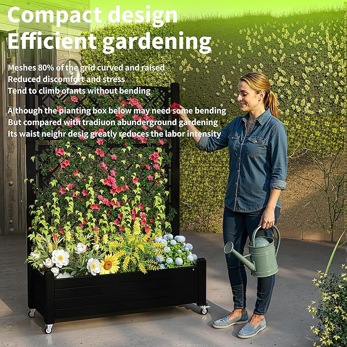 Raised Garden Bed with Trellis, 21 Gallon Self Watering Planter Box with Lockable Wheels & Drainage Holes for Climbing Plants Vegetables Flowers, Anti-Rust Resin for Backyard Patio (Black) OutdoorLivingPerfected