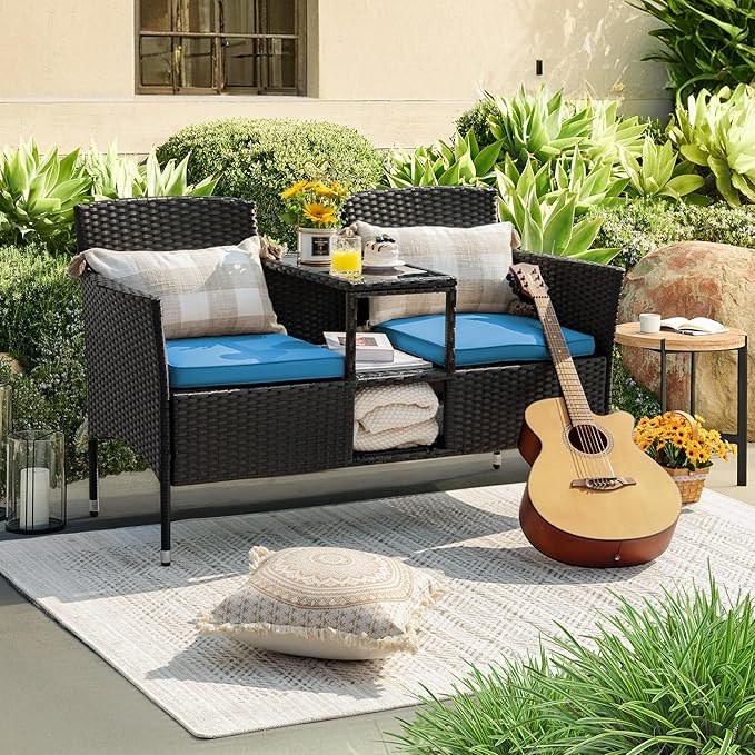 Devoko Outdoor Patio Loveseat Modern Rattan 2-Seat Patio Conversation Set with Cushions & Built-in Coffee Table Porch Furniture for Garden Lawn Backyard (Blue) DEVOKO