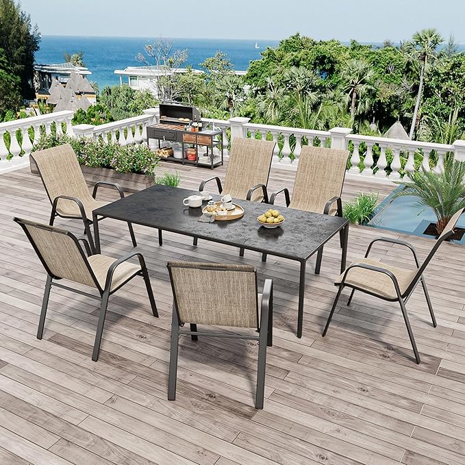 Patio Chairs Set of 4, Stackable Outdoor Dining Chairs for All Weather Textilene Fabric & Metal Frame, Outdoor Chairs Set for Backyard Deck Garden (Brown, Set of 4) Vimstora