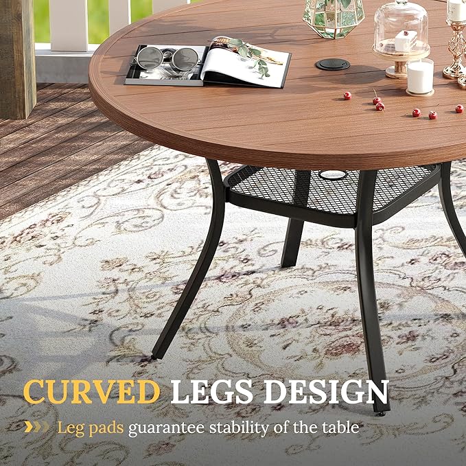 VICLLAX Round Patio Table with Adjustable Umbrella Hole, All Weather Outdoor Round Dining Table for Lawn Garden, 41.2"x 28" Walnut Wood-Like Outdoor Coffee Table HOME