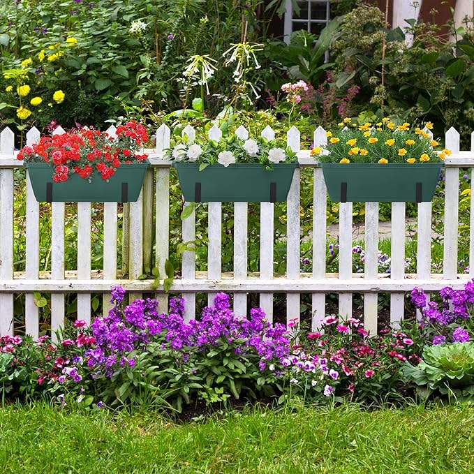 smusei 4 Pack Railing Planter Box Window Boxes Planters, 17'' Rectangular Deck Railing Planter Balcony Hanging Planters with Adjustable Flower Box Brackets for Fence Outdoor Patio Porch smusei