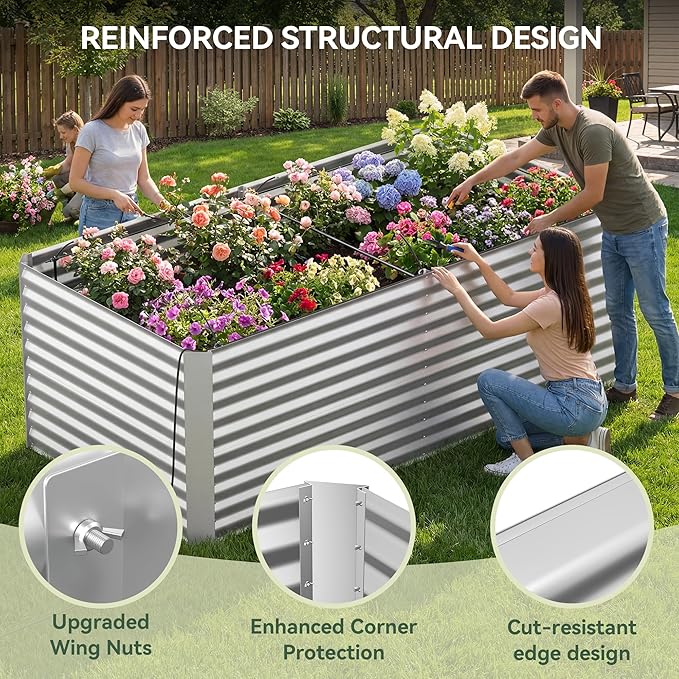 8x4x3 ft Tall Galvanized Raised Garden Bed with Self-Watering System, Elevated Planter Boxes Outdoor, Rectangular Deep Raised Beds for Gardening,Vegetables,Flowers, Backyard, Patio Lineware