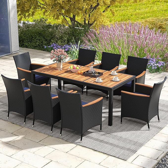 Tangkula 9 Pieces Rattan Outdoor Dining Set for 8, Outdoor Acacia Wood Table Set with 8 Cushioned Wicker Chairs, Umbrella Hole, Patio Dining Furniture Set for Deck Pool Backyard TANGKULA