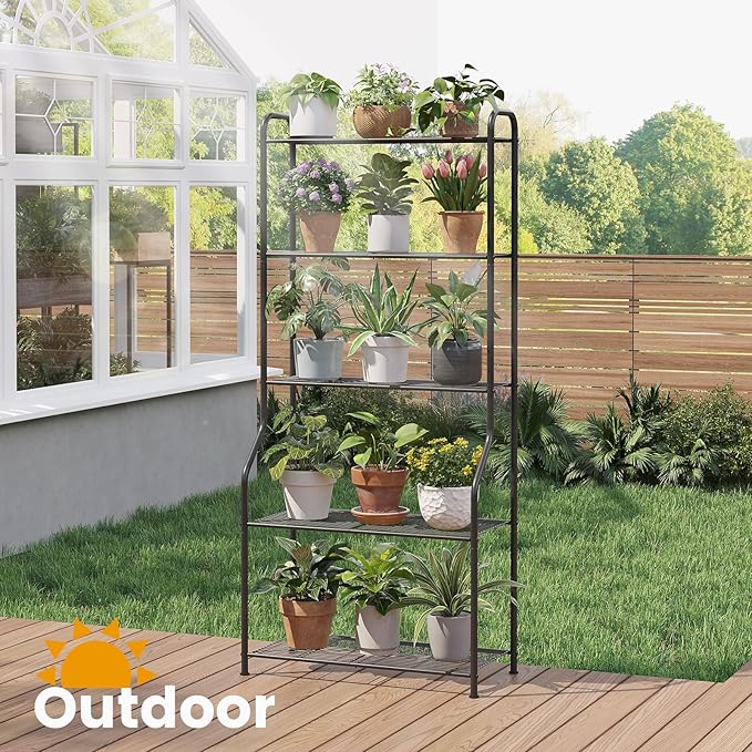 5-Tier Corner Plant Stand, Metal Black Flower Pot Rack, Indoor Outdoor Heavy Duty Shelf (Black, 5 Tier) Rootora