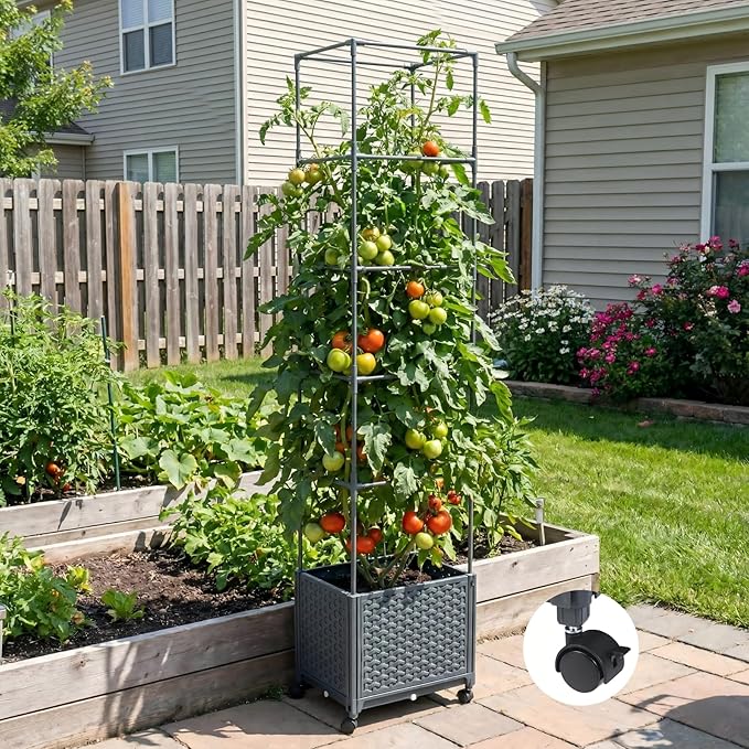 Raised Garden Bed with Tomato Planter Cage, 67.6" Trellis Planter Boxes with Wheels for Outdoor Patio Greenhouse Gardening Climbing Vegetables MakeYourGardenBeautiful