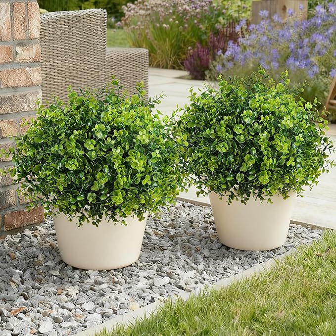 Artificial Faux Outdoor Plants for Spring Summer Decoration, 12 Bundles Fake Plastic Eucalyptus UV Resistant Look Real Fake Plants for Planter Outside Front Door Porch Patio Balcony Garden Indoor Yard Ivydale