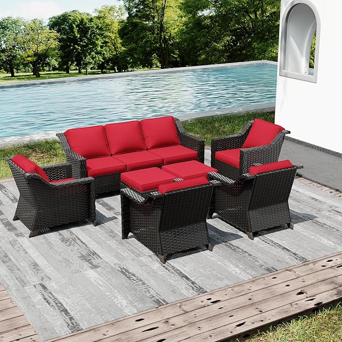 Joyside Wicker Patio Furniture Sets, 7 Pieces Upgraded Large Size Outdoor Furniture with 4 Swivel Rocking Patio Chairs, 3-Seat Sofa, Outdoor Ottoman, Thick Cushions, Wide Armrest, Red Joyside