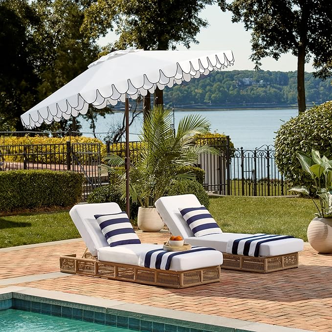 SAFAVIEH 9ft Outdoor Patio Umbrella, Round, Valance, Ivory & Navy Trim, Auto Crank Tilt, UV Resistant for Deck, Backyard, Poolside (PAT8006F) SAFAVIEH