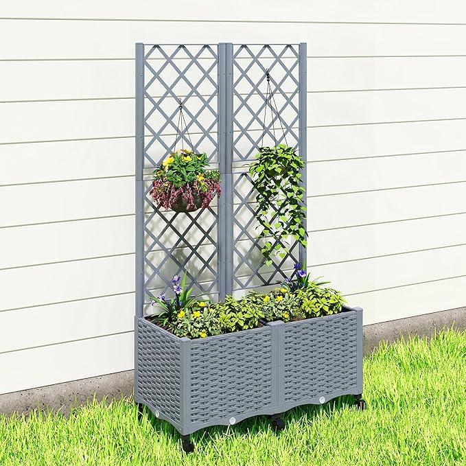 Outsunny Planter Box with Trellis, Self Watering Raised Garden Bed with Lockable Wheels, 56.3" Trellis Privacy Planter with Drainage Holes for Climbing Plants, Vines, Vegetables, Flowers, Gray Outsunny
