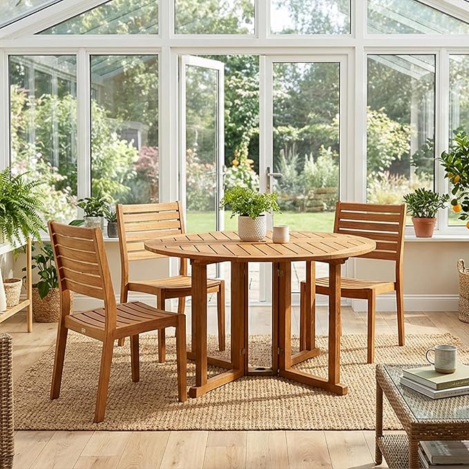 Sunnydaze Malaysian Hardwood Folding Gateleg Patio Dining Table with Teak Oil Finish - 4-Person Space-Saving Round Outdoor Table - 47.25” D x 29" H SunnydazeDecor