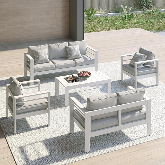 Kiss the Water Outdoor Couch Aluminum Patio Furniture Sofa, 3 Seat All-Weather Metal Patio Couch with 5" Thick and Soft Cushion and Wide Arm, Outdoor Sofa for Balcony, Porch KisstheWaterPatioTool
