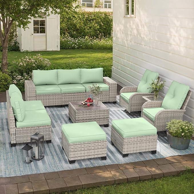 11-Piece Outdoor Patio Furniture Set with Rocking Swivel Chair Wicker Sectional Sofa Set, Patio Conversation Set with Ottomans & Coffee Table for Garden, Backyard, Poolside, Light Green MuphyersPatioFurniture