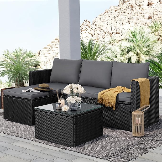 3-Piece Outdoor Patio Sectional Sofa Set with Glass Coffee Table & Ottoman — All-Weather PE Rattan Conversation Furniture, Black Rattan & Grey Cushions, Perfect for Garden, Backyard, Deck, Grey SUNLEI