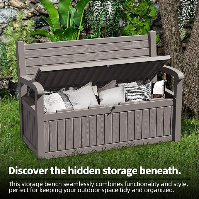 80 Gallon Outdoor Storage Bench Deck Box Waterproof Lockable,Outdoor Storage Furniture for Patio,Garden and Porch,Tools and Cushions(Grey Stripe) OutdoorLivingPerfected