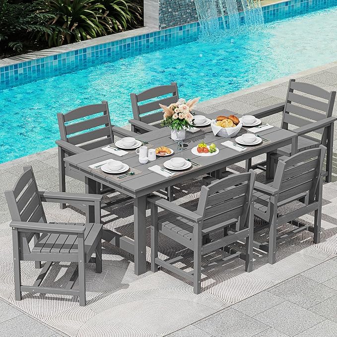 SERWALL Patio Dining Table and Bench Set for 6, Gray SERWALL