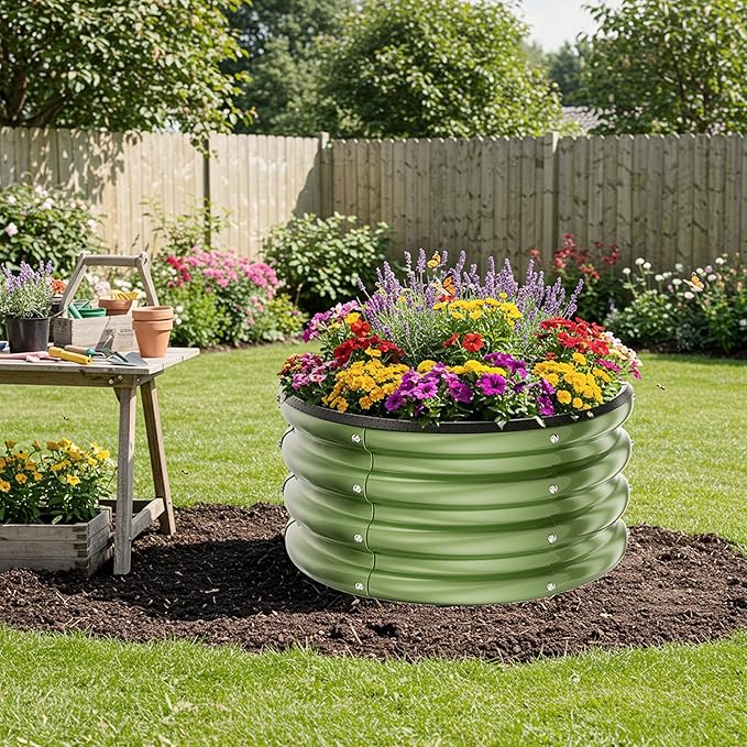 ZXZYHFTY Round Galvanized Raised Garden Bed kit,Green Outdoor Garden Raised Planter Box, Round Large Metal Raised Garden Beds for Vegetable 2 * 2 * 1ft 1 Pack ZXZYHFTY