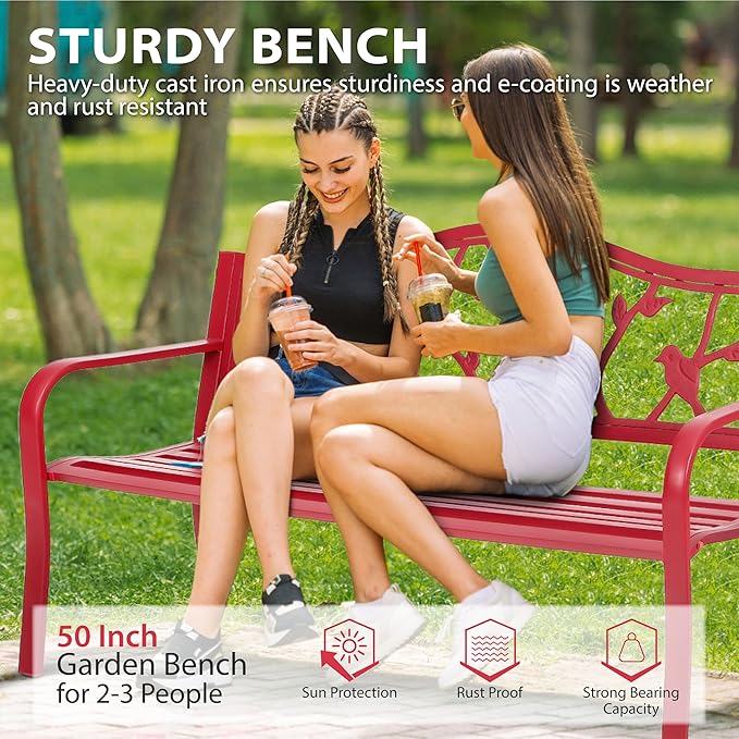 Sophia & William Outdoor Patio Metal Park Bench Red, Steel Frame Bench with Backrest and Armrests for Porch, Patio, Garden, Lawn, Balcony, Backyard and Indoor, 50.4”Wx23.5”D x35.0”H SophiaWilliam