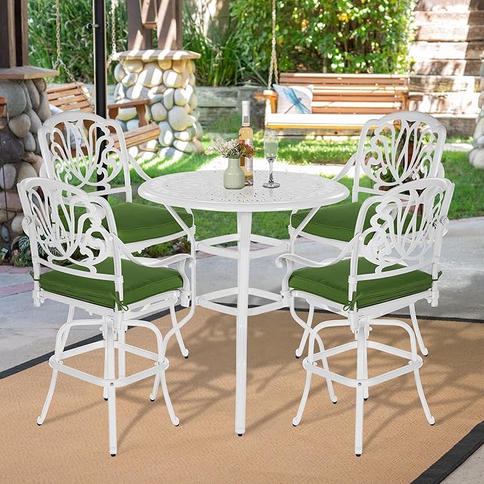 VIVIJASON 5-Piece Patio Swivel Bar Stools Set, All Weather Cast Aluminum Outdoor Bar Height Bistro Set with 4 Cushioned Bar Chairs & 35.4" High Bar Table w/Umbrella Hole for Backyard, Lawn, White VIVIJASON