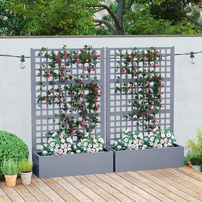Outsunny Galvanized Raised Garden Bed with Trellis, Metal Planter Box with Drainage Holes, Outdoor Privacy Screen for Climbing Plants, Vegetable, Vines, 43" x 16" x 70", 2 Pack, Gray Wood Effect Outsunny