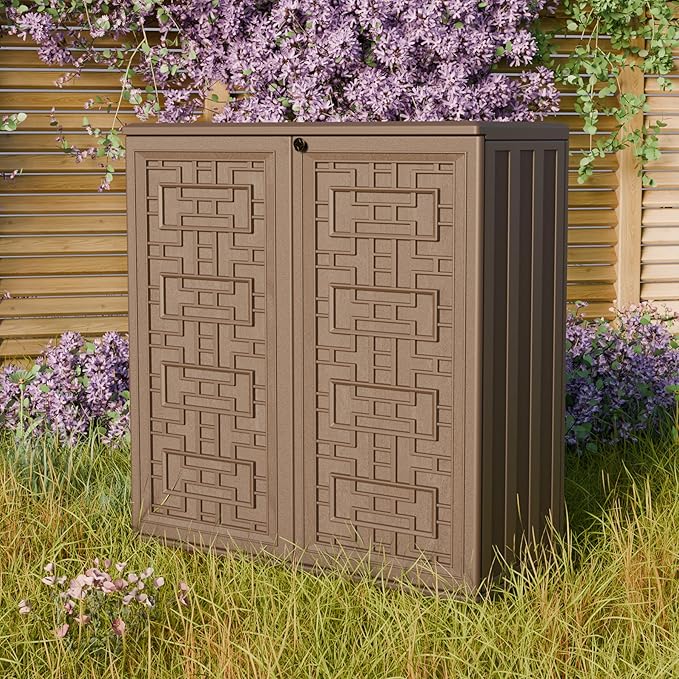 Indoor Outdoor Storage Cabinet Waterproof with 1 Shelf, Plastic Outdoor Storage Cabinets for Patio/Garden/Backyard, Size 34.3''L*15''W*36.2''H(Brown) Mrosaa