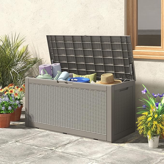 Outdoor Storage Box, Resin Deck Boxes Indoor and outdoor, Waterproof Storage Box Lockable Lid (Grey, 100 Gallon) NBYSGO