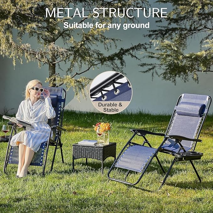 Sweetcrispy Zero Gravity Chairs, Set of 4 Portable Recliner Beach Camping Patio Outdoor Folding Lounge Chair with Cup Holder Trays and Adjustable Pillow for Poolside, Garden, Backyard, Lawn (Blue) Sweetcrispy