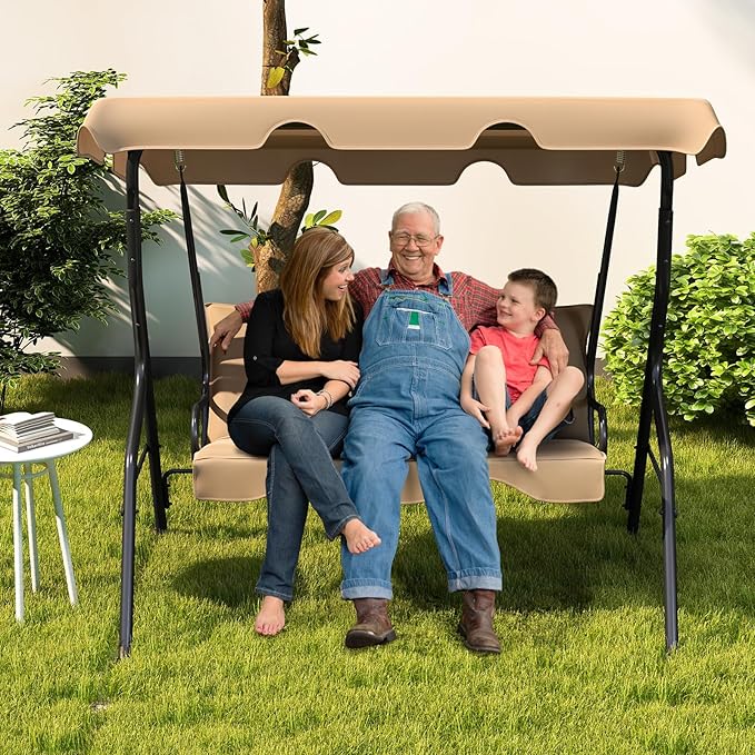 Tangkula 3 Person Porch Swing, Patio Swing with Removable Cushion & Powder-Coated Steel Frame, Outdoor Swing with Canopy for Porch, Backyard, Garden, Balcony (Beige) TANGKULA