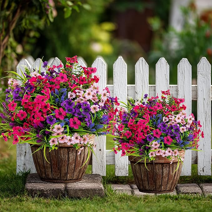 Artificial Flowers for Outdoors Fake Plants - 16 Bundles Faux Outside Greenery Boxwood No Fade Plastic Shrubs Fall Decor Farmhouse Home Garden Thanksgiving Mums (Mix White Purple Pink) AXYLEX