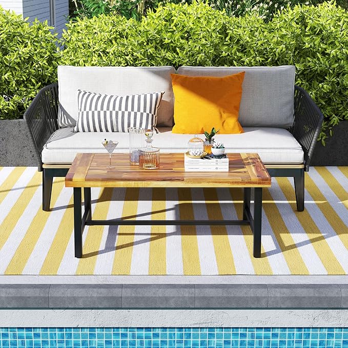 Tangkula Outdoor Acacia Wood Coffee Table, Rectangle Rustic Accent Table with Thickened Top & Heavy-Duty Metal Legs, for Patio, Deck, Garden, Natural TANGKULA