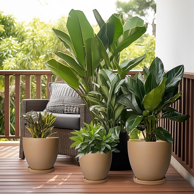 Ceramic Pots for Plants - 8 Inch Planter, Indoor Plant Pot with Drainage Hole and Saucers, Modern Flower Planter, Home Garden Patio Bathroom Porch Room Decor, Brown EPFamily