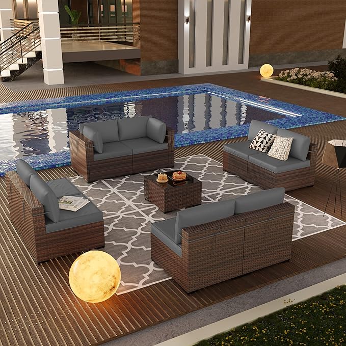Kullavik 9 Pieces Outdoor Patio Furniture Set PE Wicker Rattan Sectional Sofa Patio Conversation Sets,Grey KULLAVIK