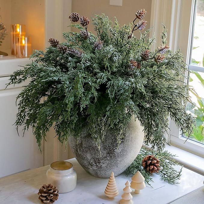 Faux Cedar Stems Artificial Norfolk Pine Branches for Christmas Decor, 12 PCS Fake Pine Stems with 2 PCS Pine Cones Branches Real Touch Realistic Faux Greenery for Vases DIY Garland Xmas Table Indoor Ivydale