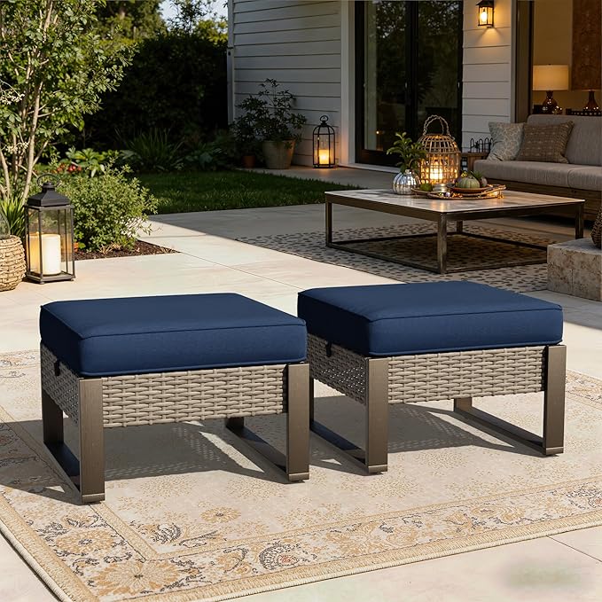 Joyside Outdoor Patio, All-Weather PE Rattan Ottomans Footstools with Removable Cushions & Anti-Rust Wood-Looking Legs for Garden, Backyard, Porch, Deck (Blue) Joyside