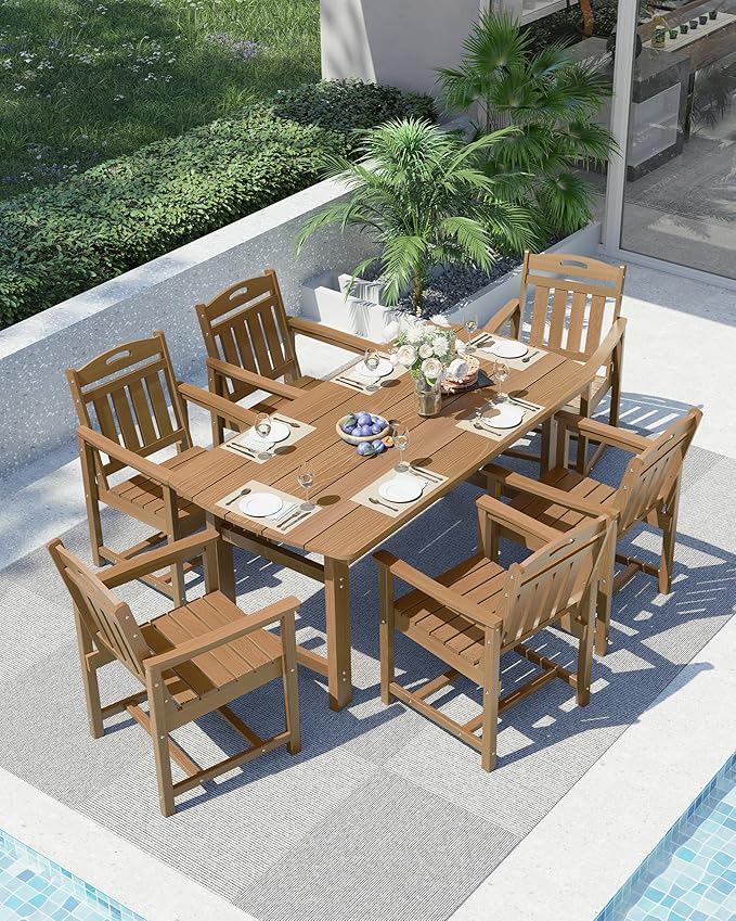 Ciokea HDPE Outdoor Dining Set, 7-Piece Patio Table and Chairs Set with Umbrella Hole, All-Weather Patio Dining Sets for 6, Durable Patio Furniture for Backyard, Garden, Lawn & Poolside, Teak CIOKEA